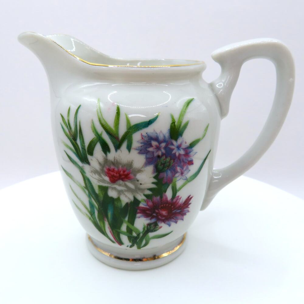 1940s Nasco Japan Porcelain Cornflower Floral Mini Pitcher Creamer w/ Gold Trim